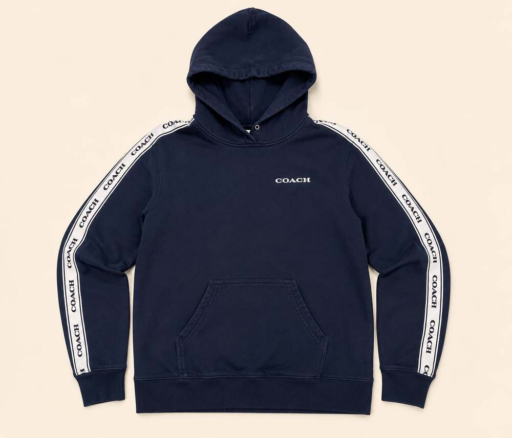 Coach Logo Tape Hoodie Small Luxury Streetwear Pullover Navy